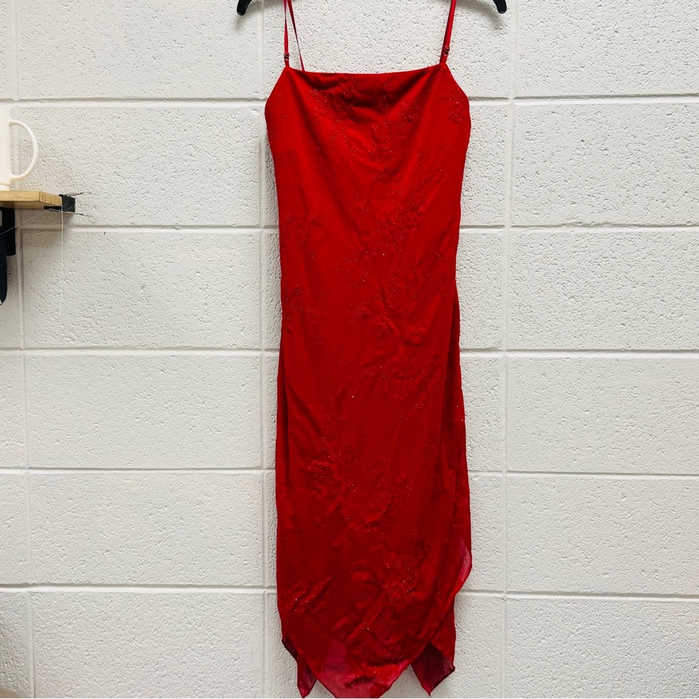 Y2K Formal Dress Red Rose Appliqué Midi Velvet Floral Built-In Bra Size‎ M